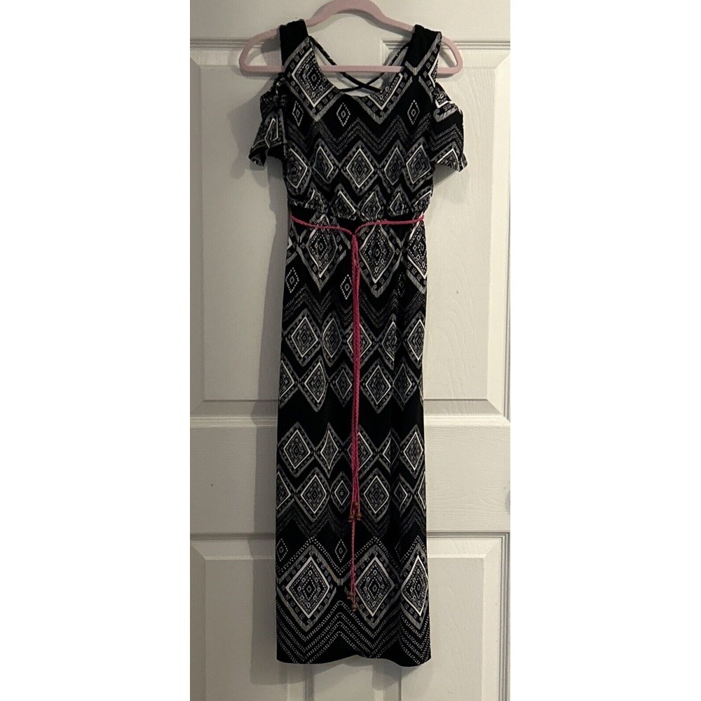 Three Pink‎ Hearts Dress Girls Size 7 Long Sleeveless Black White Stretch Waist
